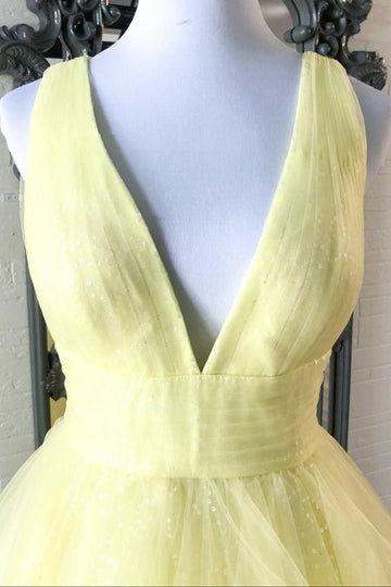 Yellow v neck tulle long A line prom dress evening dress HZ1023
